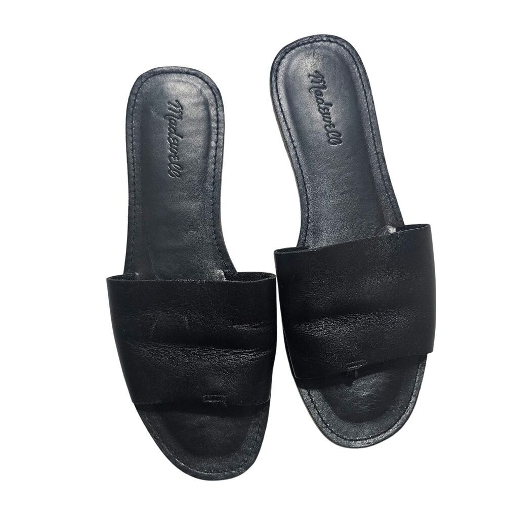MADEWELL The Boardwalk Post Slide Sandal Leather in True Black Size 9.5